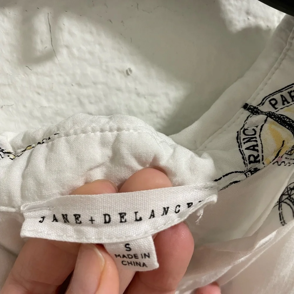 Jane & Delancey Chic Parisian Print White Button-Down Shirt